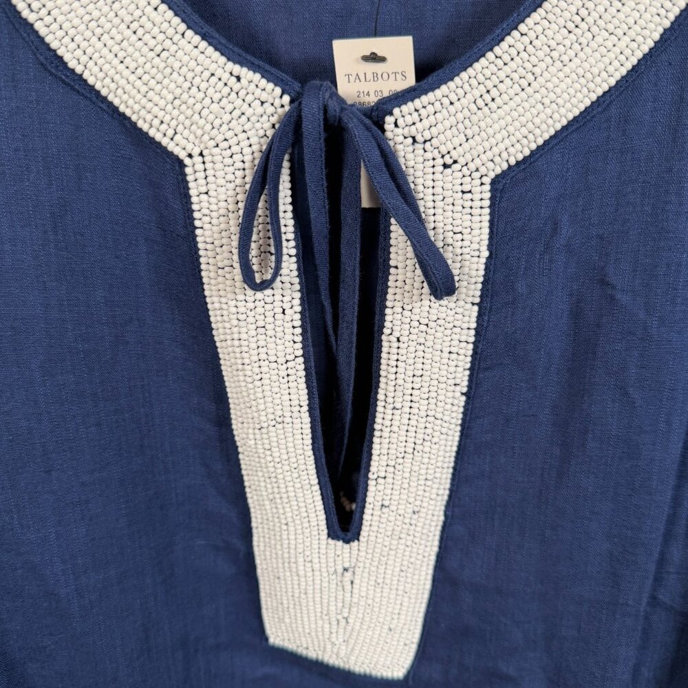Talbots Aqua Club Beaded Linen Blend Tunic Top Size X Blue Caftan Cover Up - Picture 6 of 11